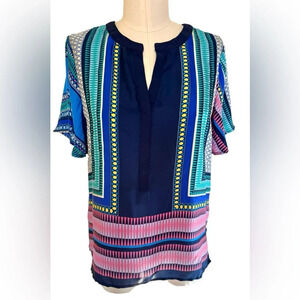 NWT Scarf Print Short-Sleeve Blouse by Fun 2 Fun navy pink teal satin Stitchfix